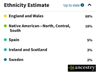 A screen capture showing my ethnicity estimates from AncestryDNA screenshot of ethnicity estimates from AncestryDNA