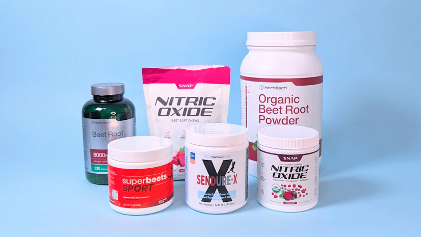 Top six beet supplements on a blue background: HumanN SuperBeets, Snap Nitric Oxide powder and chews, Horbäach capsules and powder, and PhysiVāntage SENDURE-X