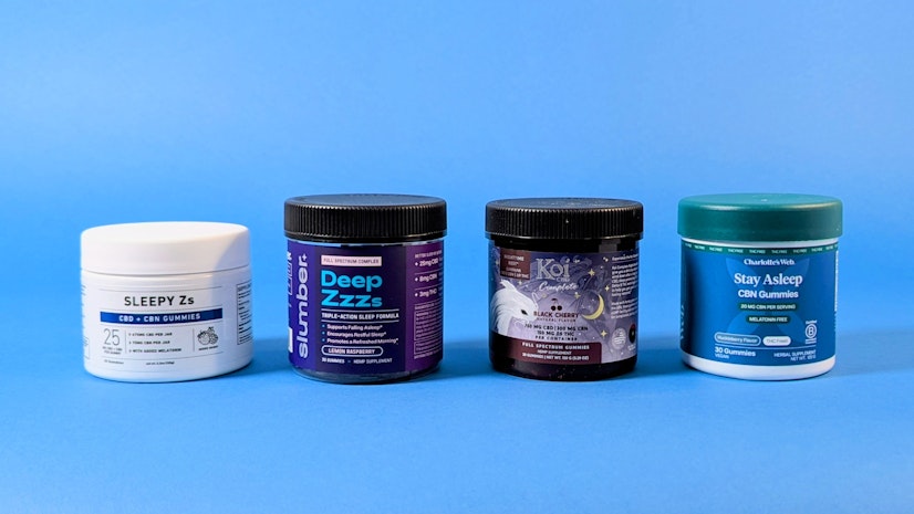 Best CBN gummies against blue background (left to right): Green Roads Sleepy Zs, Slumber Deep Zzzs, Koi Complete Nighttime Rest, Charlotte’s Web Stay Asleep