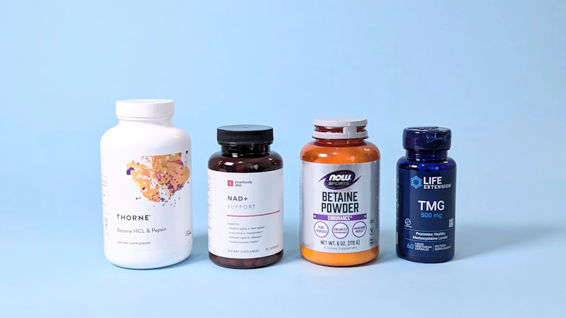 Best TMG supplements in 2026, from left to right: Thorne Betaine HCl & Pepsin, Innerbody Labs NAD+ Support, NOW Sports Betaine Powder, and Life Extension TMG