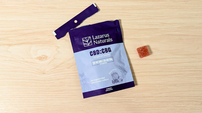 Package of Lazarus Naturals CBD:CBG on a wooden surface