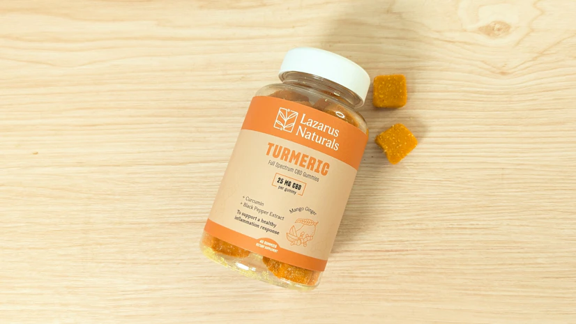 Lazarus Naturals Turmeric Gummies on wood surface
