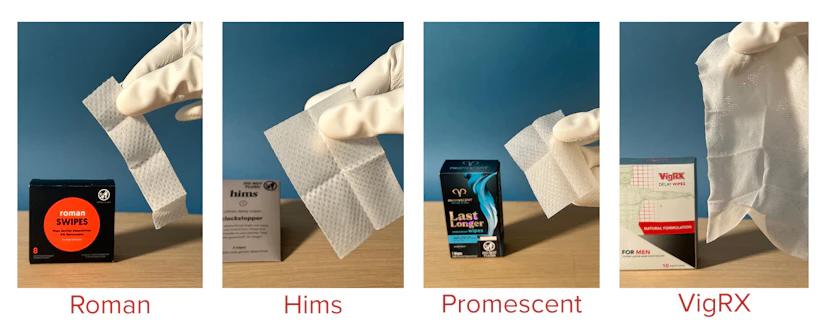 A photo of open towelletes, comparing the size of Roman, Promescent, Hims, and VigRX