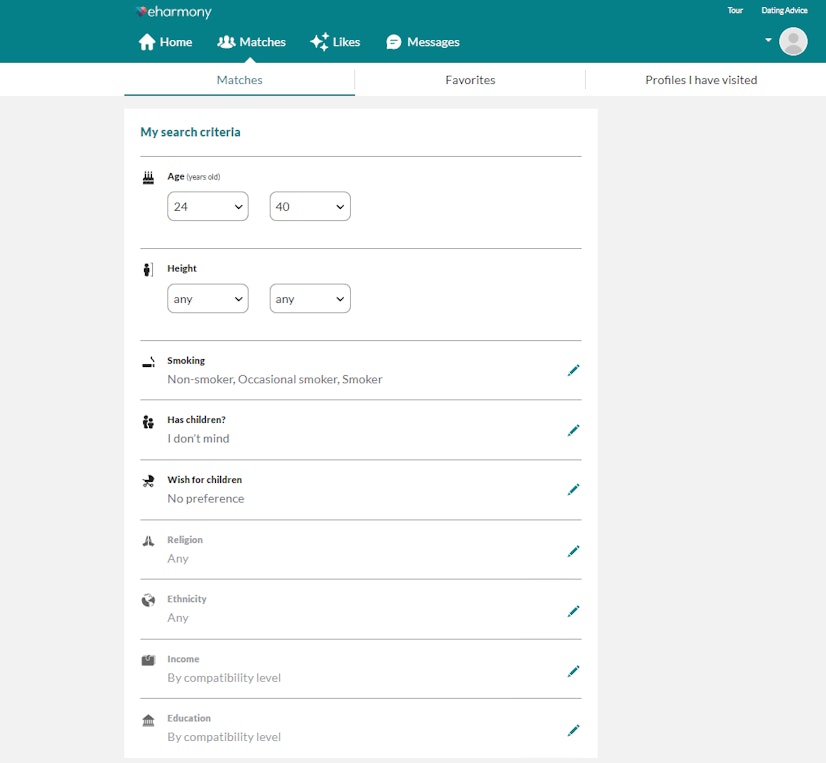 eHarmony Dating Profile Preferences