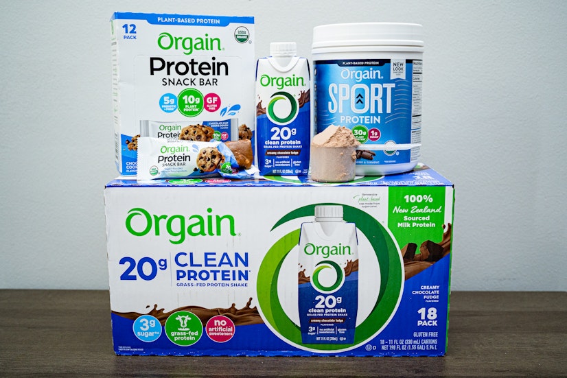 Orgain Snack Bars, Sport protein powder, and Clean Protein shakes