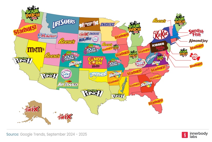 Map showing top candies by U.S. state