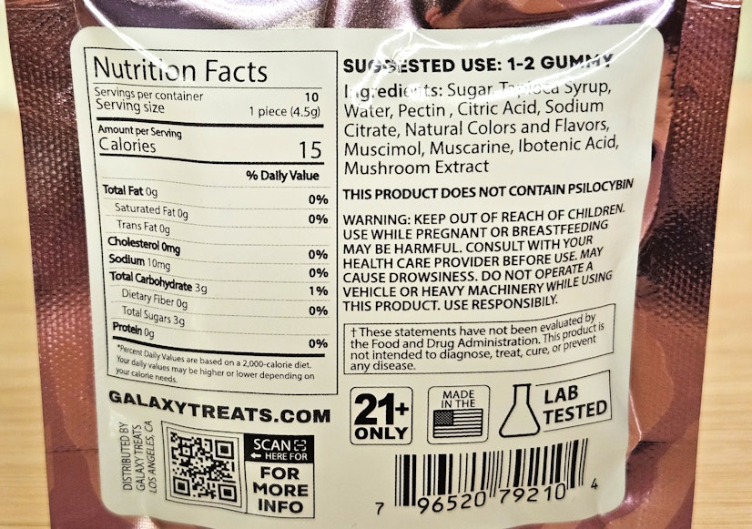 Galaxy Treats Moon Shrooms Amanita muscaria mushroom gummies nutrition facts and ingredients label