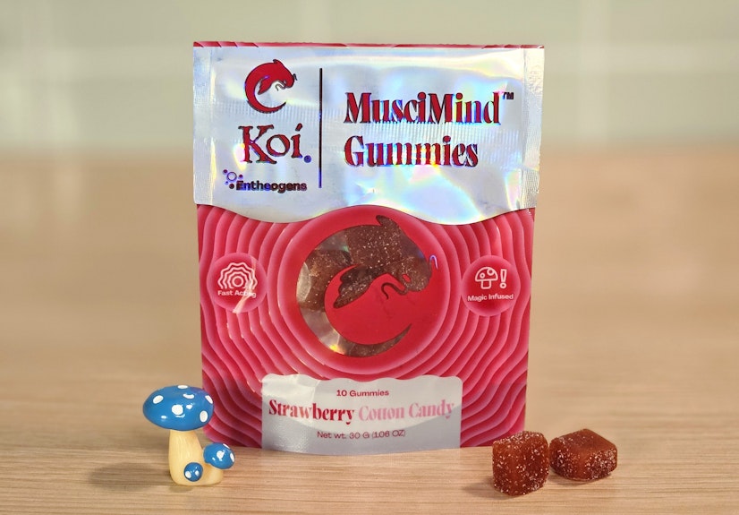 Koi MusciMind Amanita muscaria gummies in strawberry cotton candy flavor, 10-count resealable bag with muscimol extract