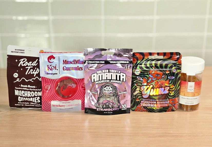 Lineup of the best Amanita muscaria mushroom gummies from various brands including Road Trip, Koi, Galaxy Treats, YUMZ, and Premium Amanita