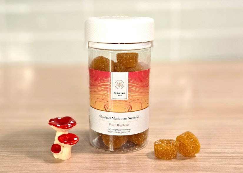 Premium Jane Muscimol mushroom gummies in peach raspberry flavor, 30-count, vegan