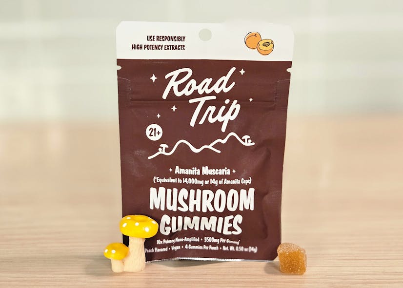 Road Trip Amanita muscaria mushroom gummies peach flavor high potency 3500mg per gummy, 4-count bag.