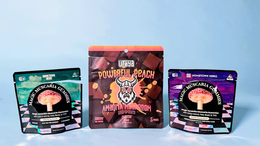 Lineup of the best amanita muscaria gummies, including Hometown Hero and Utoya