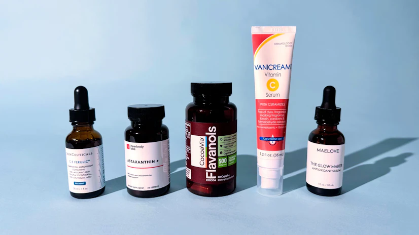Lineup of the best antioxidants for skin, including CocoaVia, Innerbody Labs, SkinCeuticals, Maelove, and Vanicream