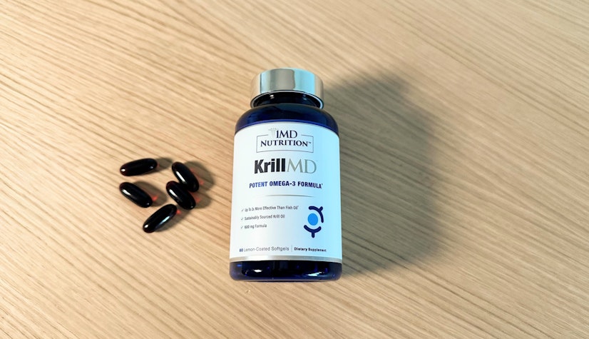 A shot of the IMD Nutrition KrillMD supplement bottle