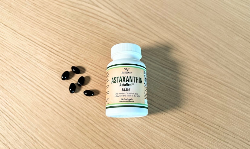 A shot of the Double Wood Astaxanthin supplement bottle