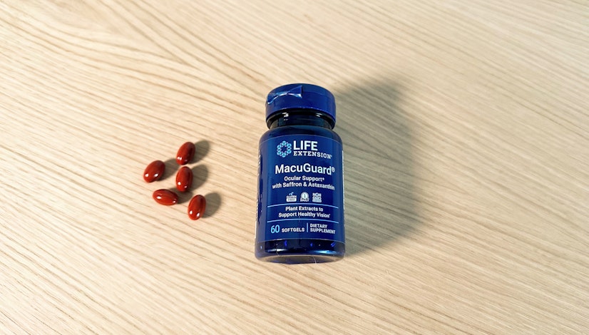 A shot of the Life Extension MacuGuard Ocular Support supplement bottle