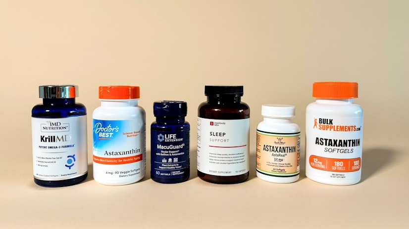 Lineup of the best astaxanthin supplements, including Double Wood, Bulk Supplements Innerbody Labs, Life Extension, Doctor’s Best and IMD Nutrition