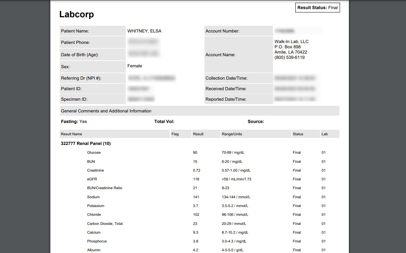 Walk-In Lab kidney testing results