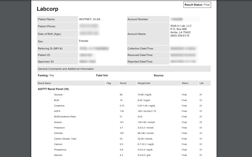 Walk-In Lab kidney testing results