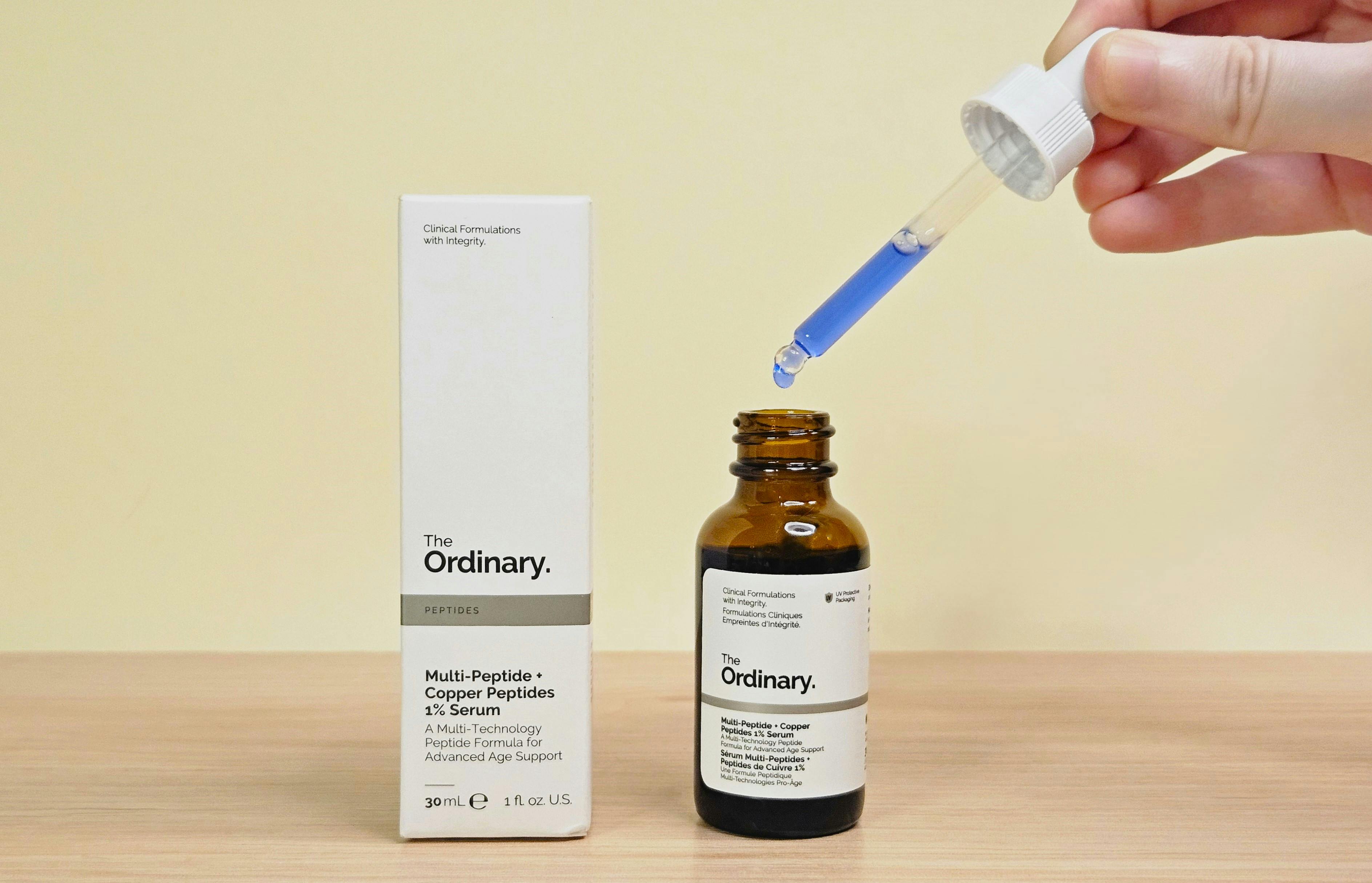 The Ordinary Multi-Peptide + Copper Peptides 1% Serum with blue formula in dropper