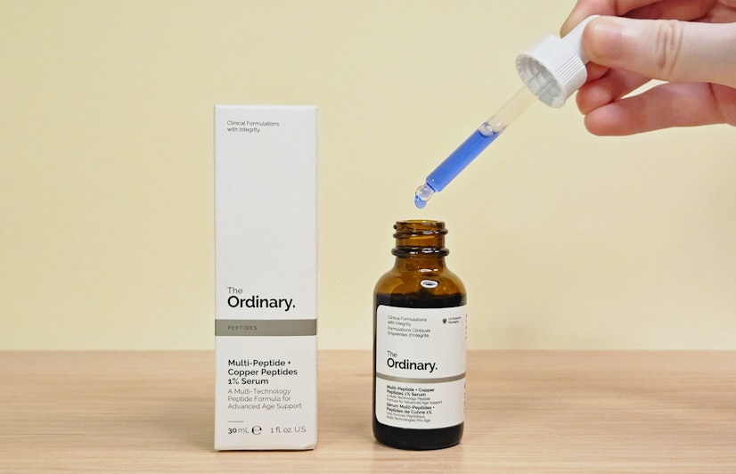 The Ordinary Multi-Peptide + Copper Peptides 1% Serum with blue formula in dropper