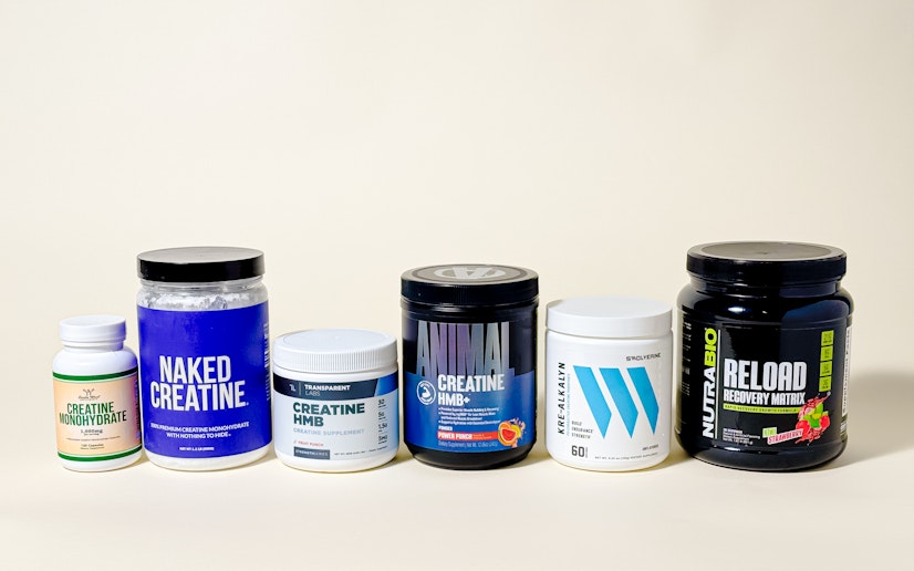 The best creatine supplements for muscle growth lined up on a tan background