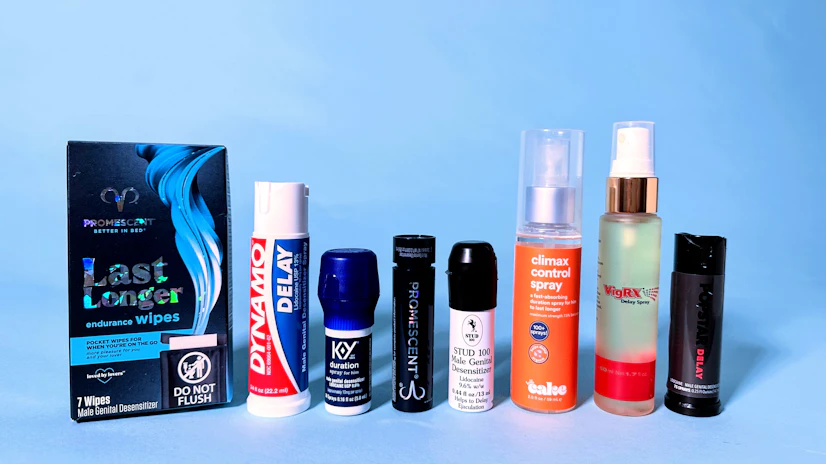 Lineup of the delay spray bottles, including Dynamo Delay, KY Duration Promescent, Stud100, HelloCake, VigRX and Popstar Delay