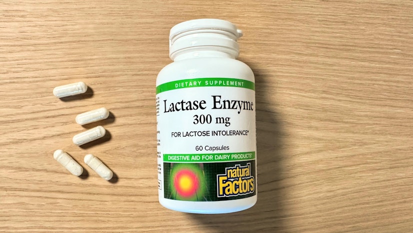 A shot of the Natural Factors Lactase Enzyme supplement bottle