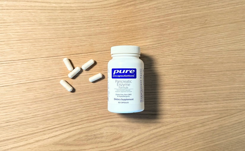 A shot of the Pure Encapsulations Pancreatic Enzyme Formula supplement bottle