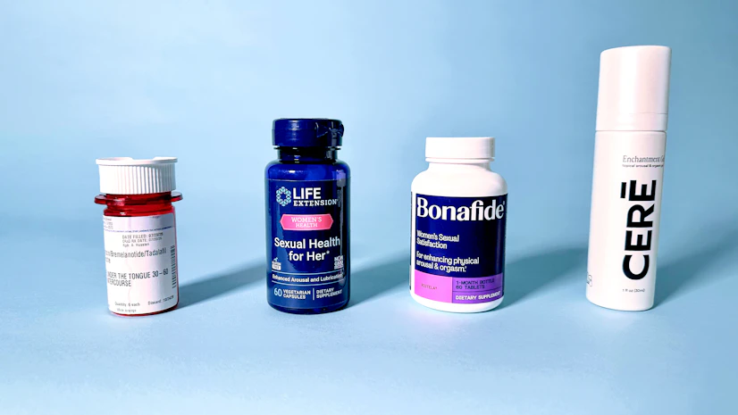 Lineup of the best female arousal products including Life Extension, Bonafide, Joi + Blokes, and CERE