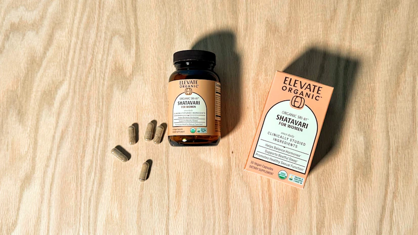 A shot of the Elevate Organic Shatavari supplement bottle