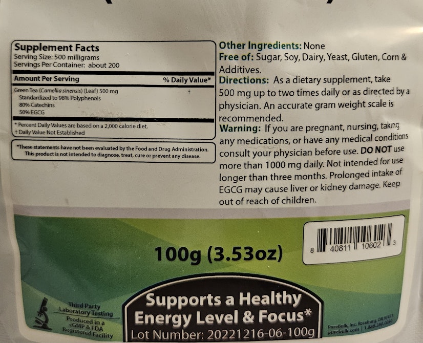 PureBulk Green Tea Extract Supplement Facts Label