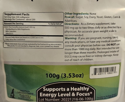 PureBulk Green Tea Extract Supplement Facts Label