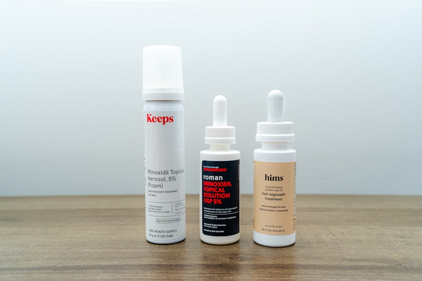 Keeps, Roman, and Hims 5% minoxidil hair regrowth treatments for men in foam and topical solution bottles