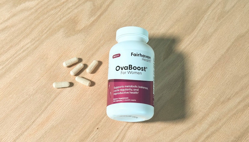 A shot of the Fairhaven Health OvaBoost supplement bottle
