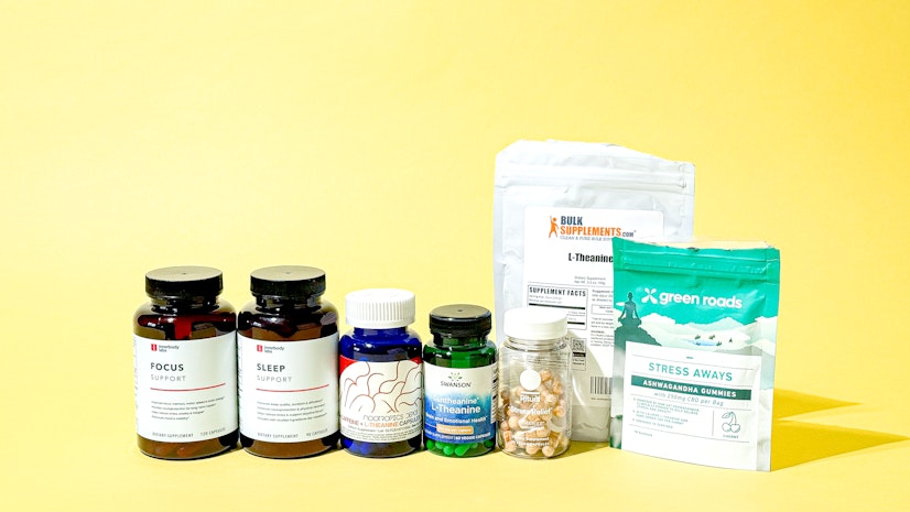 A lineup of the best L-theanine products including Innerbody Labs, Green Roads, Swanson, Ritual, and Bulk Supplements