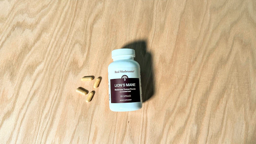 A picture of the Real Mushrooms supplement bottle