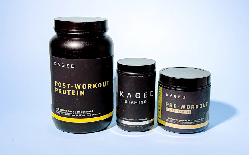 Three Kaged products against a blue background