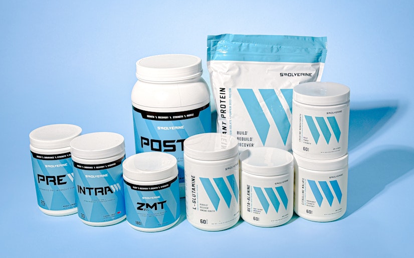 Swolverine Vegan Build and Performance Series stacks together on a blue background.