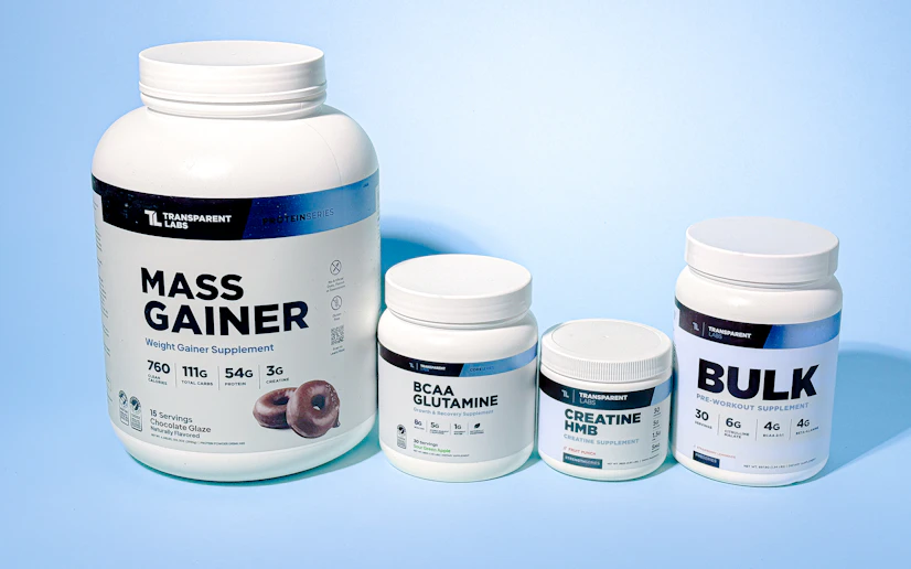 Four Transparent Labs products lined up against a blue background