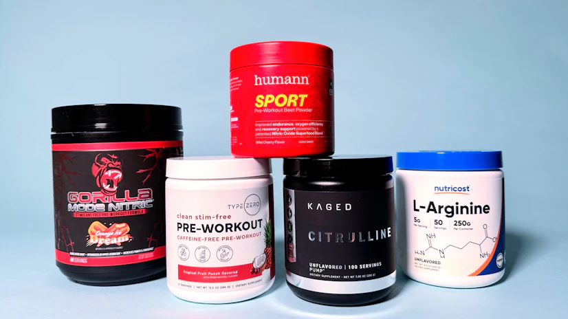 Lineup of the best nitric oxide supplements, including Type Zero, Kaged, HumanN, Gorilla Mind, and Nutricost