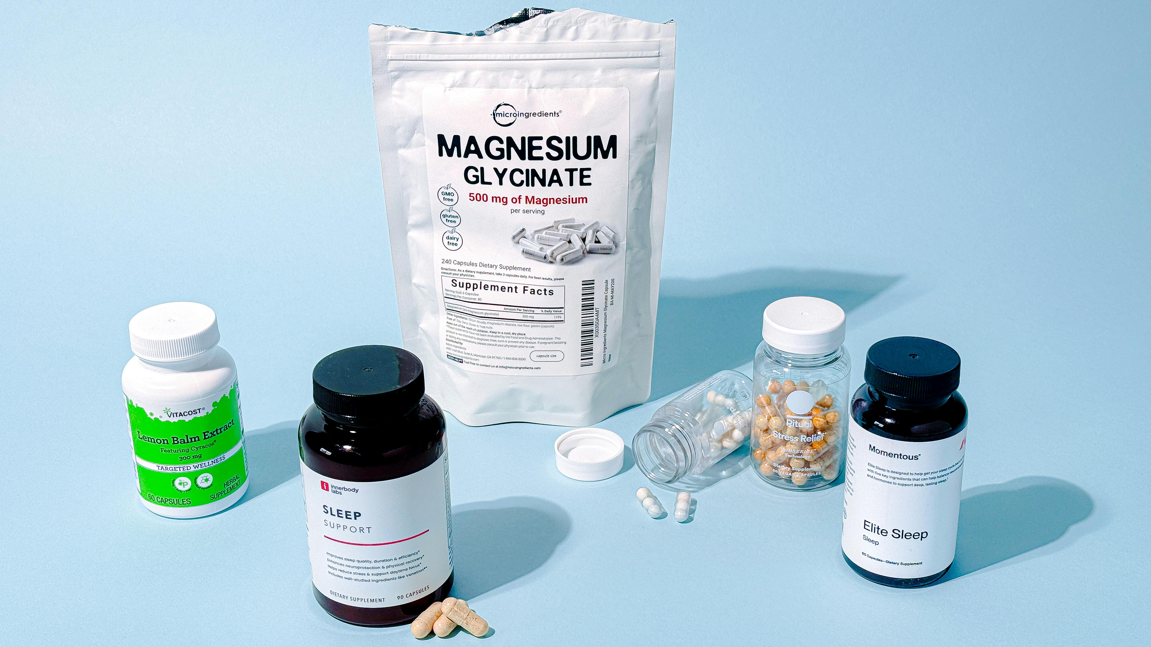 Six of the top OTC sleep aids, including products from Innerbody Labs, Ritual, Momentous, and Micro Ingredients