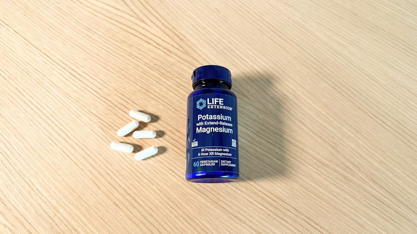 A shot of the Life Extension Potassium with Extend-Release Magnesium supplement bottle