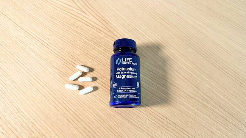 A shot of the Life Extension Potassium with Extend-Release Magnesium supplement bottle
