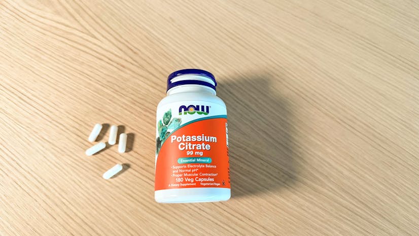 A shot of the NOW Foods Potassium Citrate supplement bottle