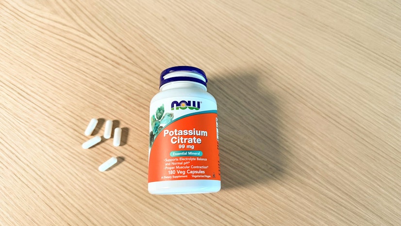 A shot of the NOW Foods Potassium Citrate supplement bottle