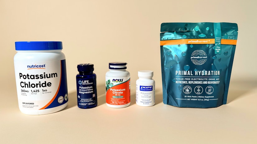 Lineup of the best potassium supplements, including NOW Foods, Pure Encapsulations, Life Extension, Nutricost, and Primal Harvest