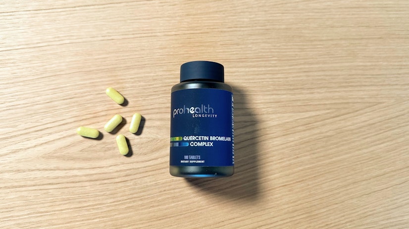A shot of the ProHealth Longevity Quercetin Bromelain Complex supplement bottle