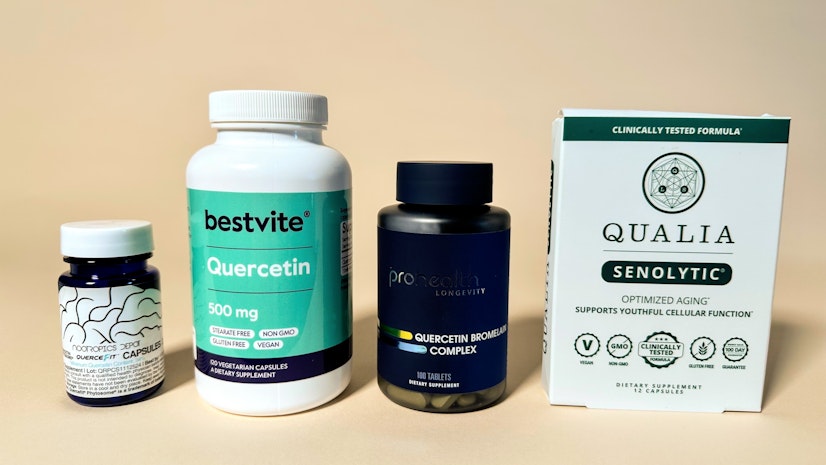 Lineup of the best quercetin supplements, including Nootropics Depot, Bestvite, Prohealth Longevity, and Qualia Senolytic