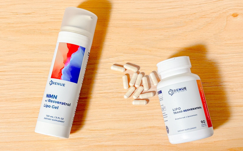 Renue by Science NMN + Resveratrol Gel and Lipo Resveratrol capsules on a wood surface with capsules poured out